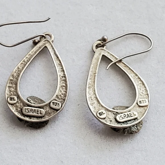 RL Israel Matte Sterling Hammered Teardrop Earrings with Roses - Picture 6 of 8